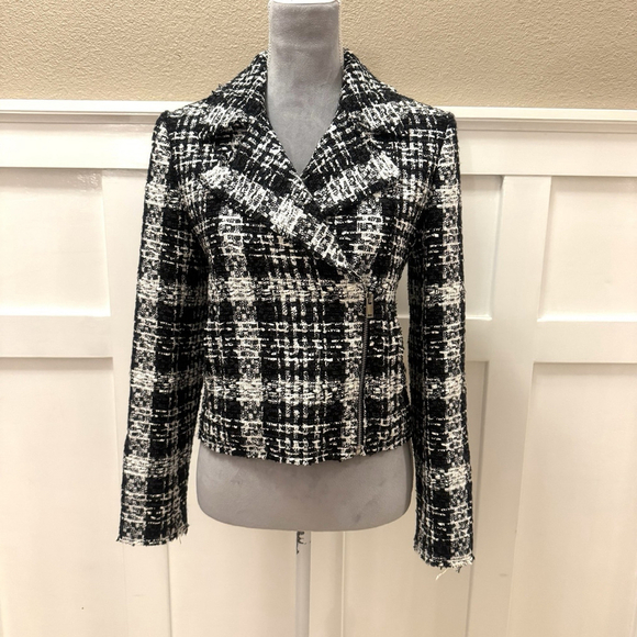Theory Slim Crop Moto Jacket Blazer Size:2 Black White Rubber Plaid Tweed $565 - Picture 3 of 16